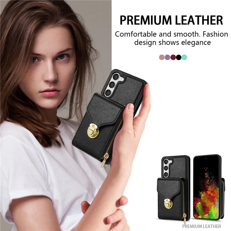 Para Samsung Galaxy S23+ Zipper Leather Coated TPU Phone Case Card Holder Kickstand Cover - Preto