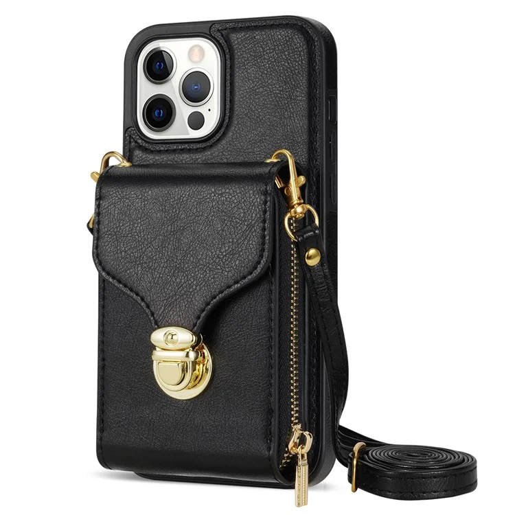 Para iPhone 13 Pro Max 6,7 polegadas Zipper Phone Case PU Leather Coated TPU Kickstand Card Slot Cover - Preto