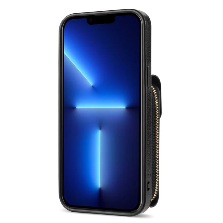 Para iPhone 13 Pro Max 6,7 polegadas Zipper Phone Case PU Leather Coated TPU Kickstand Card Slot Cover - Preto