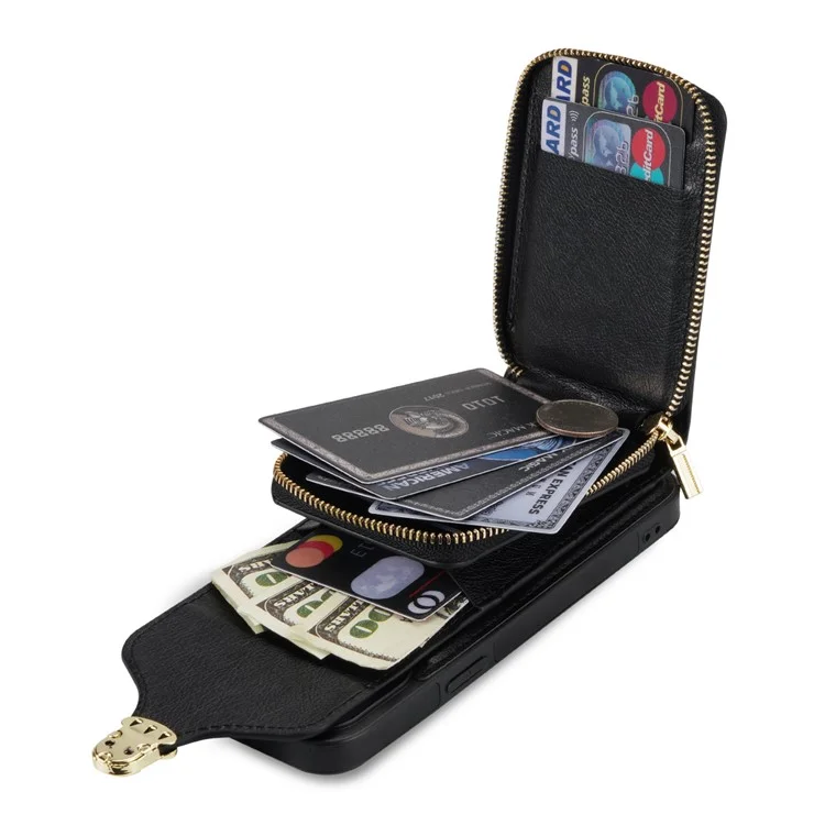 Para iPhone 13 Pro Max 6,7 polegadas Zipper Phone Case PU Leather Coated TPU Kickstand Card Slot Cover - Preto