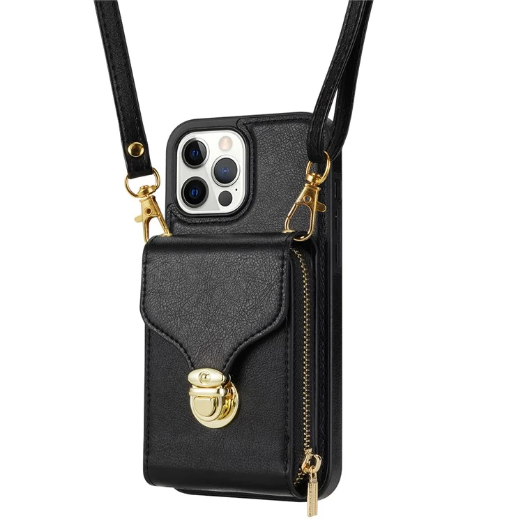 Para iPhone 13 Pro Max 6,7 polegadas Zipper Phone Case PU Leather Coated TPU Kickstand Card Slot Cover - Preto