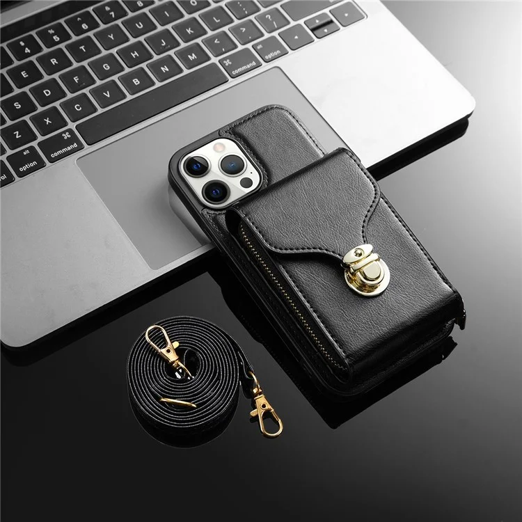 Para iPhone 13 Pro Max 6,7 polegadas Zipper Phone Case PU Leather Coated TPU Kickstand Card Slot Cover - Preto