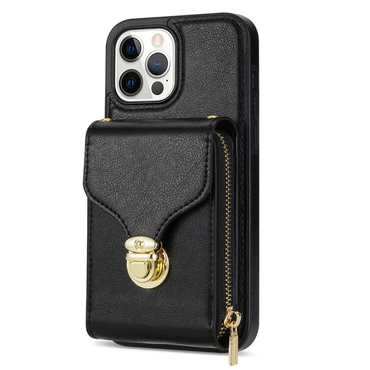 Para iPhone 13 Pro Max 6,7 polegadas Zipper Phone Case PU Leather Coated TPU Kickstand Card Slot Cover - Preto