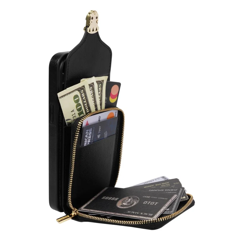 For iPhone 14 PU Leather Coated TPU Phone Case Zipper Card Slot Kickstand Cover with Shoulder Strap - Black