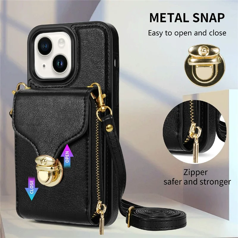 For iPhone 14 PU Leather Coated TPU Phone Case Zipper Card Slot Kickstand Cover with Shoulder Strap - Black