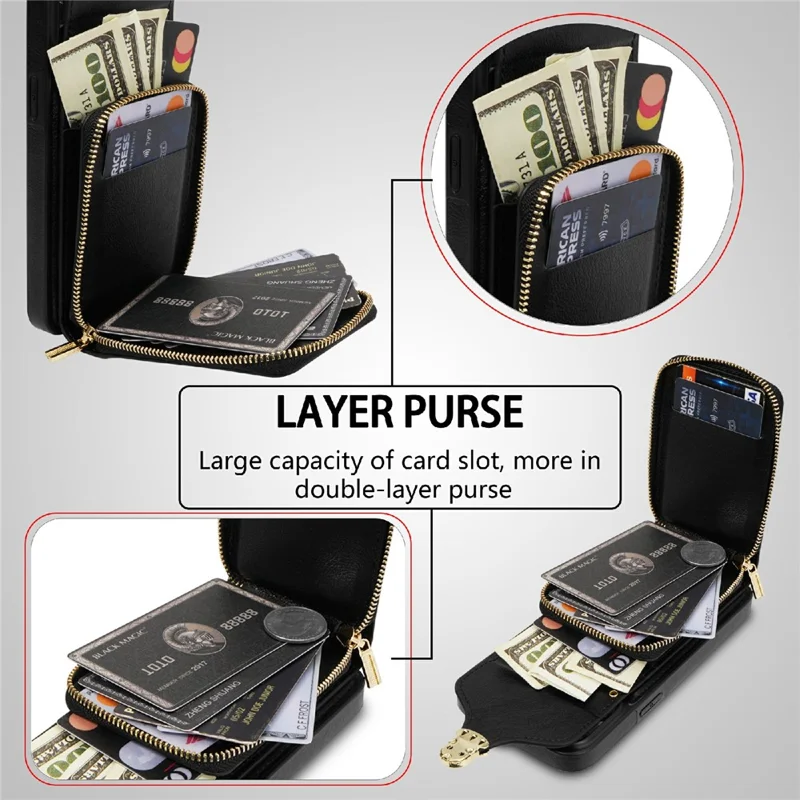 For iPhone 14 PU Leather Coated TPU Phone Case Zipper Card Slot Kickstand Cover with Shoulder Strap - Black