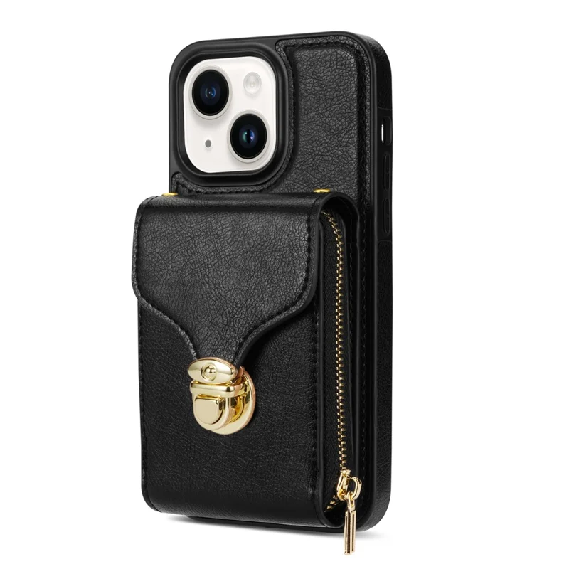 For iPhone 14 PU Leather Coated TPU Phone Case Zipper Card Slot Kickstand Cover with Shoulder Strap - Black