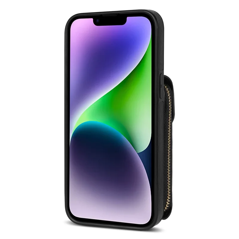 For iPhone 14 PU Leather Coated TPU Phone Case Zipper Card Slot Kickstand Cover with Shoulder Strap - Black