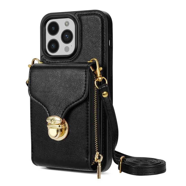 Para iPhone 14 Pro PU Leather Coated TPU Zipper Phone Case Card Slot Kickstand Shockproof Cover - Black