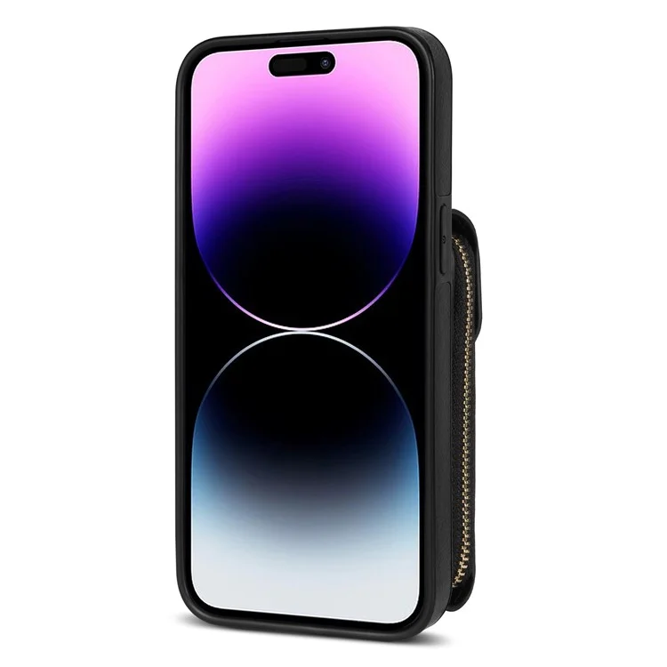 Para iPhone 14 Pro PU Leather Coated TPU Zipper Phone Case Card Slot Kickstand Shockproof Cover - Black
