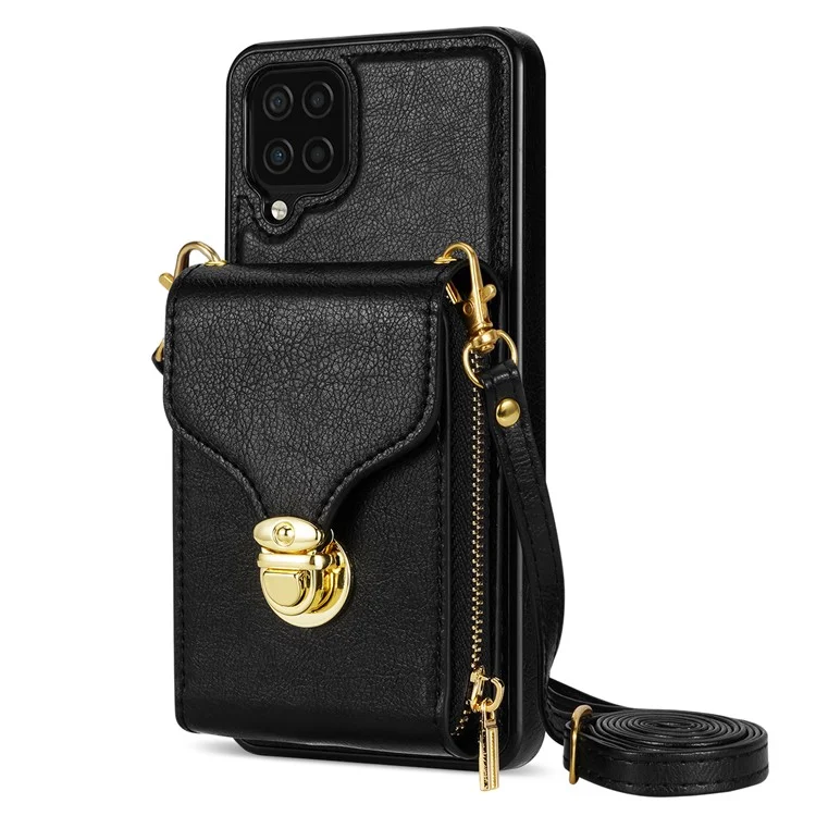 For Samsung Galaxy A12 Zipper Card Holder Bag Phone Case PU Leather Coated TPU Kickstand Cover - Black