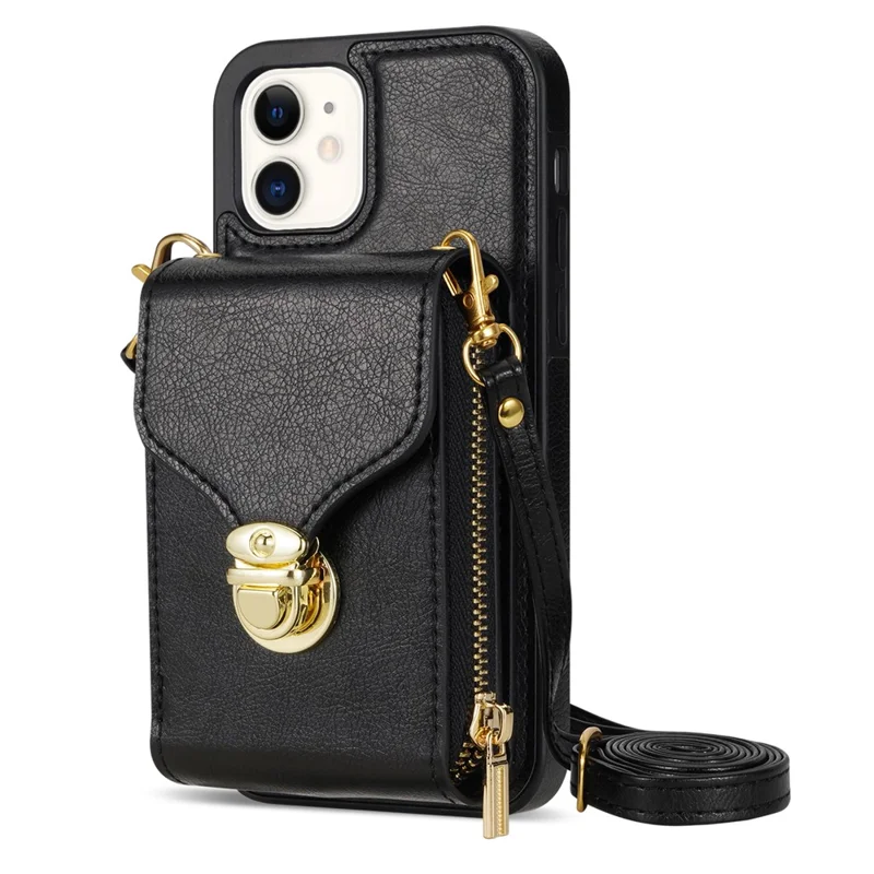 For iPhone 11 6.1 inch PU Leather Coated TPU Card Slot Phone Case Kickstand Crossbody Zipper Cover - Black