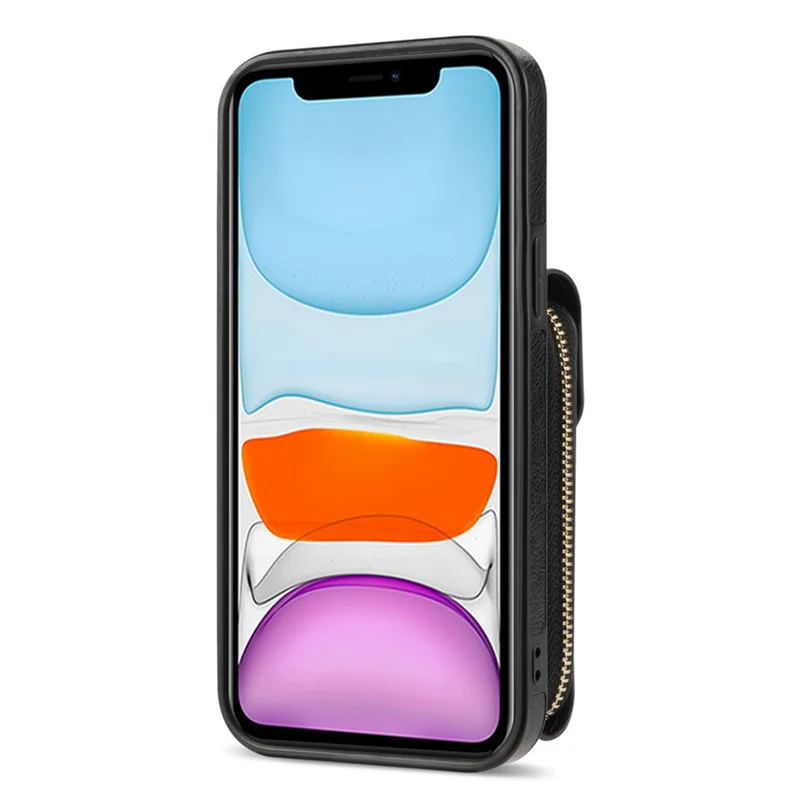 For iPhone 11 6.1 inch PU Leather Coated TPU Card Slot Phone Case Kickstand Crossbody Zipper Cover - Black