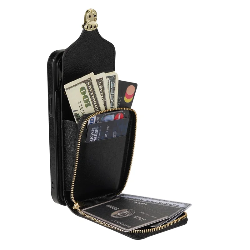 For iPhone 11 6.1 inch PU Leather Coated TPU Card Slot Phone Case Kickstand Crossbody Zipper Cover - Black