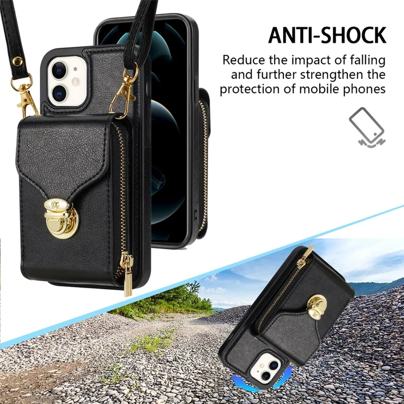 For iPhone 11 6.1 inch PU Leather Coated TPU Card Slot Phone Case Kickstand Crossbody Zipper Cover - Black