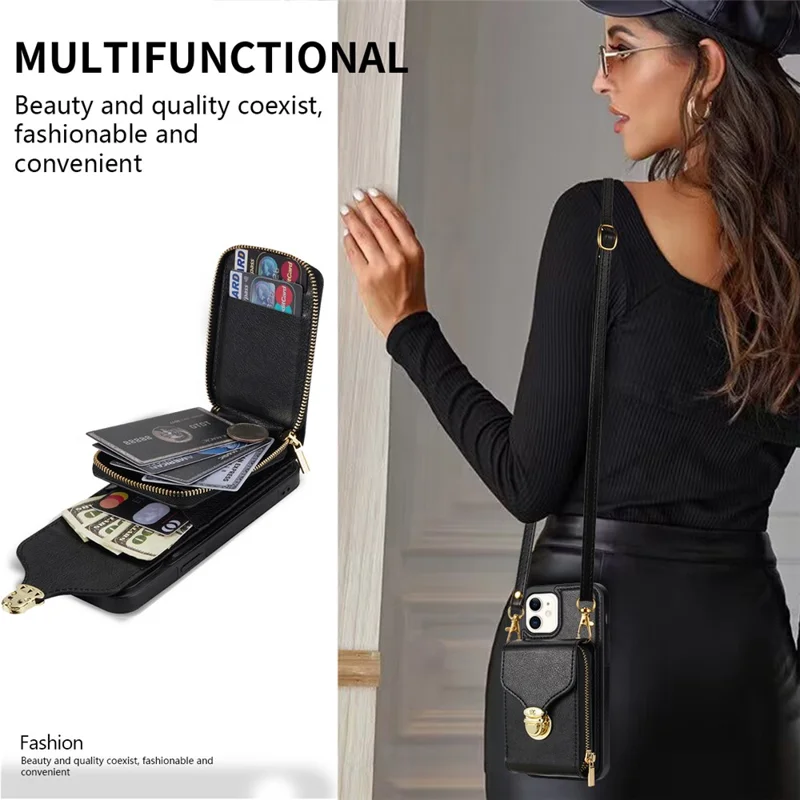 For iPhone 11 6.1 inch PU Leather Coated TPU Card Slot Phone Case Kickstand Crossbody Zipper Cover - Black