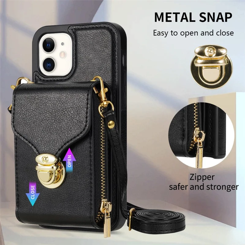 For iPhone 11 6.1 inch PU Leather Coated TPU Card Slot Phone Case Kickstand Crossbody Zipper Cover - Black