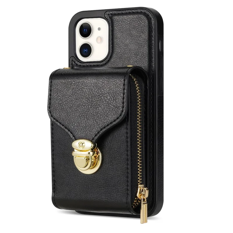 For iPhone 11 6.1 inch PU Leather Coated TPU Card Slot Phone Case Kickstand Crossbody Zipper Cover - Black