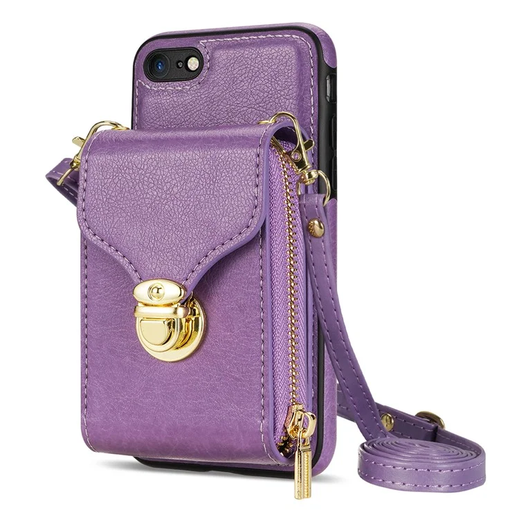 Crossbody Zipper Phone Case for iPhone 7  / 8 4.7 inch / SE (2020) / SE (2022) , PU Leather Coated TPU Card Slot Kickstand Cover - Purple