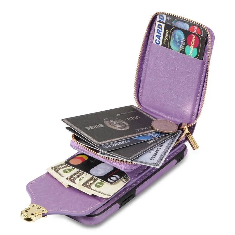 Crossbody Zipper Phone Case for iPhone 7  / 8 4.7 inch / SE (2020) / SE (2022) , PU Leather Coated TPU Card Slot Kickstand Cover - Purple