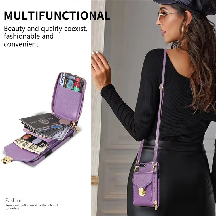 Crossbody Zipper Phone Case for iPhone 7  / 8 4.7 inch / SE (2020) / SE (2022) , PU Leather Coated TPU Card Slot Kickstand Cover - Purple