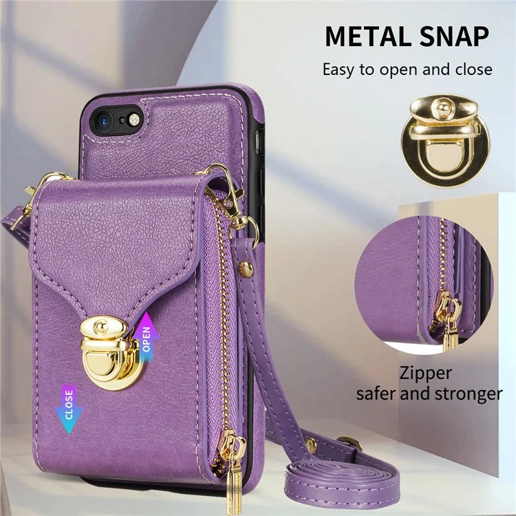 Crossbody Zipper Phone Case for iPhone 7  / 8 4.7 inch / SE (2020) / SE (2022) , PU Leather Coated TPU Card Slot Kickstand Cover - Purple