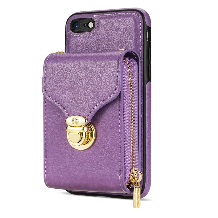 Crossbody Zipper Phone Case for iPhone 7  / 8 4.7 inch / SE (2020) / SE (2022) , PU Leather Coated TPU Card Slot Kickstand Cover - Purple