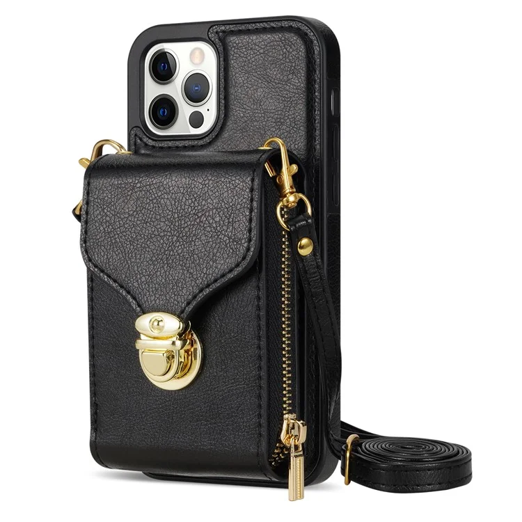 Für iPhone 12 Pro Max 6.7 Zoll Lederbeschichtetes TPU-Ständer-Etui mit Reißverschluss-Kartenfach und Handytasche - Schwarz