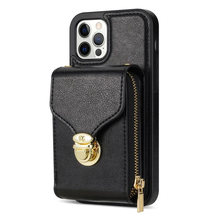 Für iPhone 12 Pro Max 6.7 Zoll Lederbeschichtetes TPU-Ständer-Etui mit Reißverschluss-Kartenfach und Handytasche - Schwarz