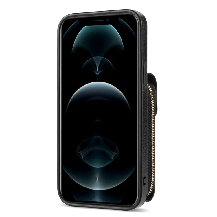 Für iPhone 12 Pro Max 6.7 Zoll Lederbeschichtetes TPU-Ständer-Etui mit Reißverschluss-Kartenfach und Handytasche - Schwarz