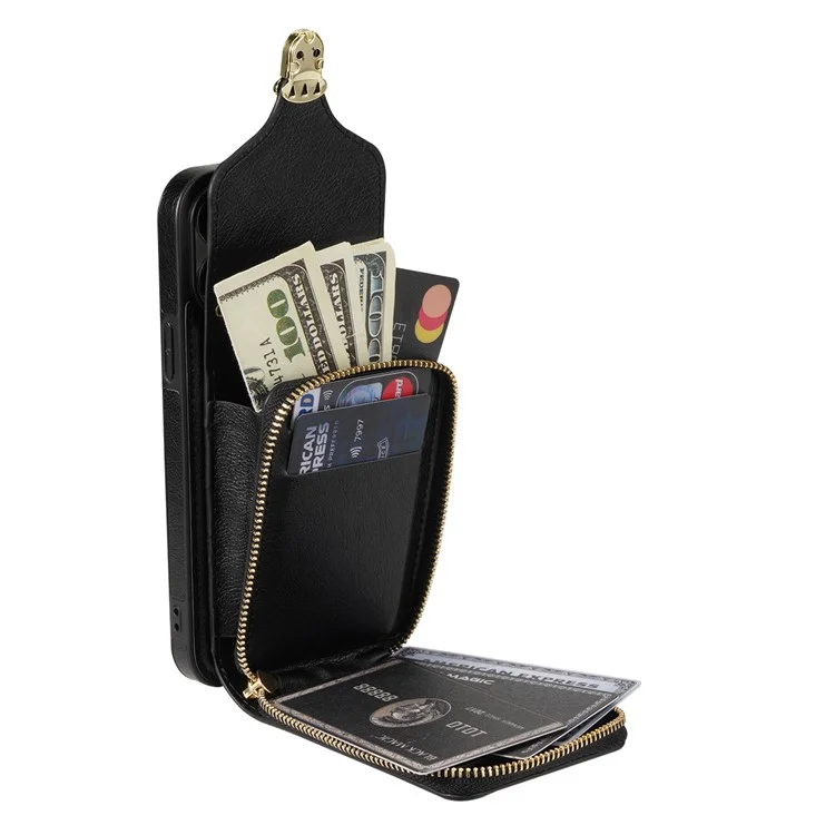 Für iPhone 12 Pro Max 6.7 Zoll Lederbeschichtetes TPU-Ständer-Etui mit Reißverschluss-Kartenfach und Handytasche - Schwarz