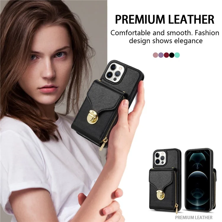 Für iPhone 12 Pro Max 6.7 Zoll Lederbeschichtetes TPU-Ständer-Etui mit Reißverschluss-Kartenfach und Handytasche - Schwarz