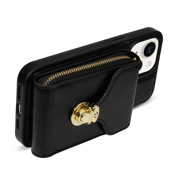 For iPhone 13 6.1 inch PU Leather Coated TPU Card Slot Case Kickstand Zipper Phone Cover with Long Lanyard - Black
