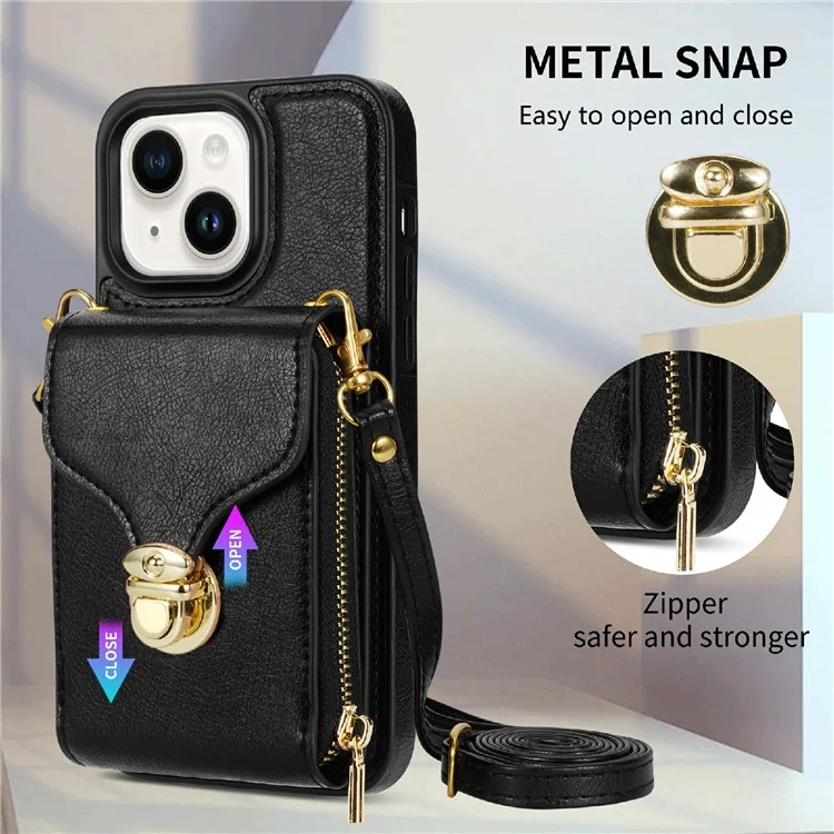 For iPhone 13 6.1 inch PU Leather Coated TPU Card Slot Case Kickstand Zipper Phone Cover with Long Lanyard - Black