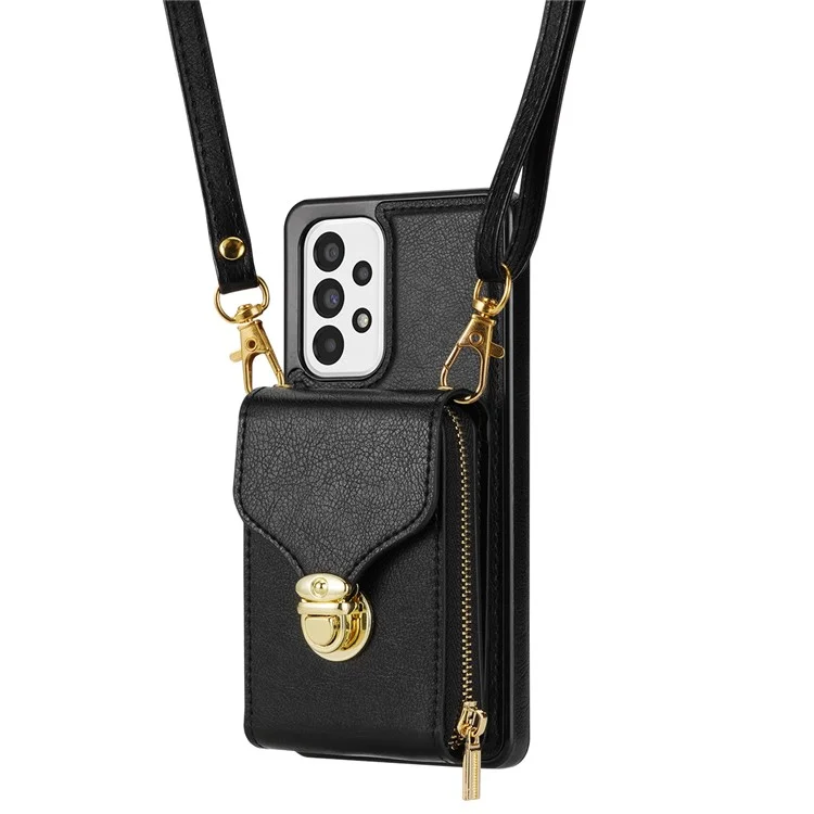 Crossbody Phone Case for Samsung Galaxy A52 4G / 5G / A52s 5G , PU Leather + TPU Zipper Card Holder Kickstand Cover - Black