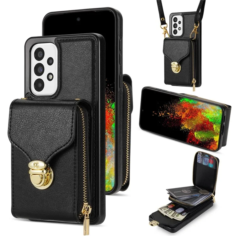 Crossbody Phone Case for Samsung Galaxy A52 4G / 5G / A52s 5G , PU Leather + TPU Zipper Card Holder Kickstand Cover - Black