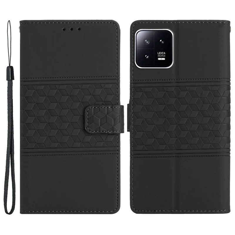 Stand Phone Case for Xiaomi 13 Pro 5G , PU Leather Wallet Imprinted Rhombus Phone Cover - Black