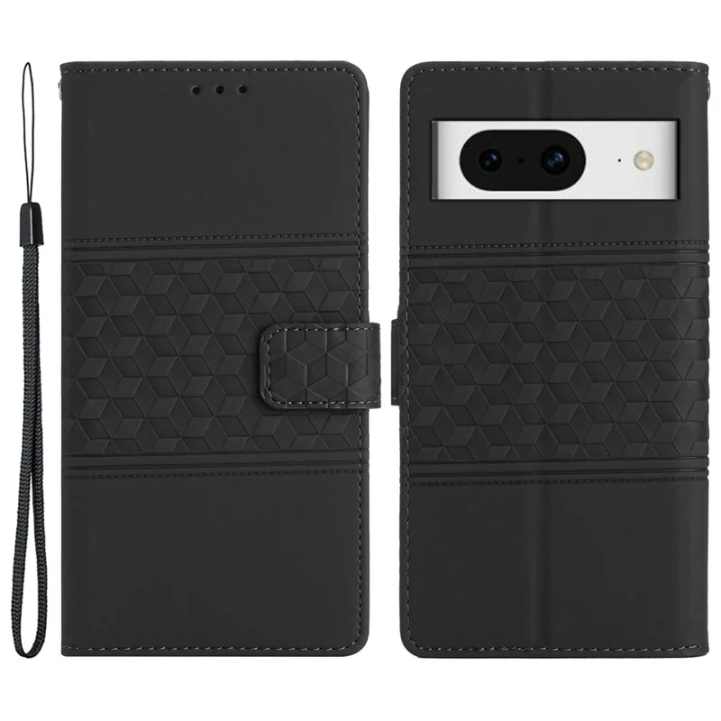 Imprinted Rhombus Phone Case for Google Pixel 8 , Stand Wallet Leather+TPU Cover - Black