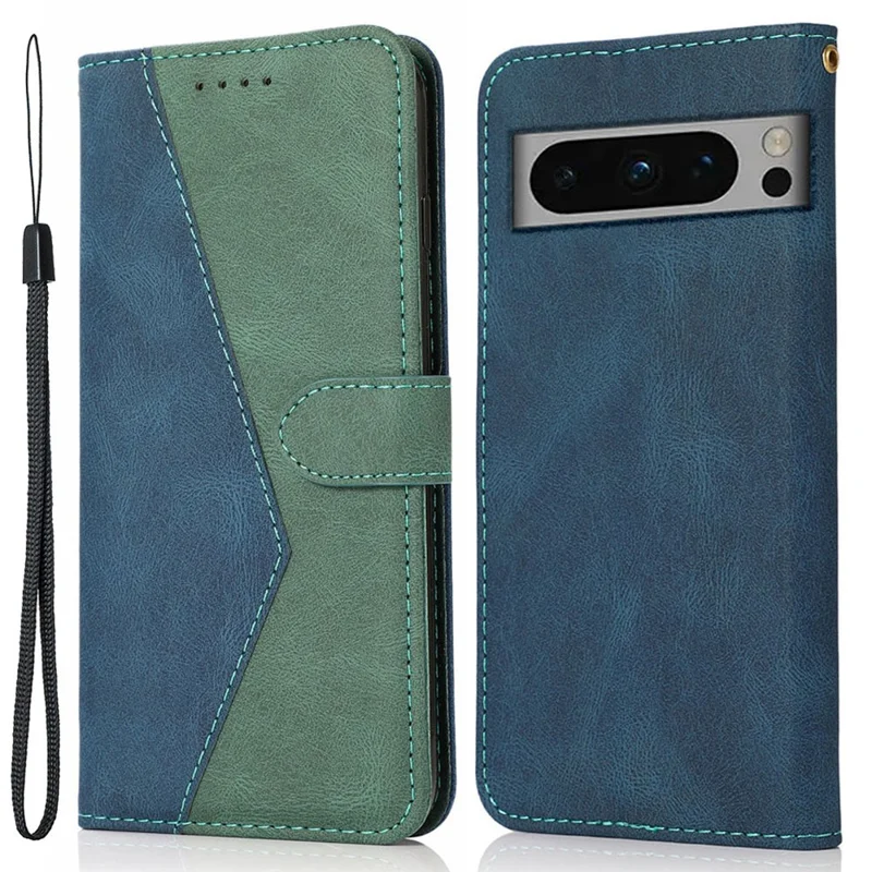 For Google Pixel 8 Pro Splicing PU Leather Wallet Case Flip Stand Phone Cover - Blue+Green