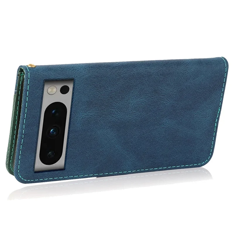 For Google Pixel 8 Pro Splicing PU Leather Wallet Case Flip Stand Phone Cover - Blue+Green