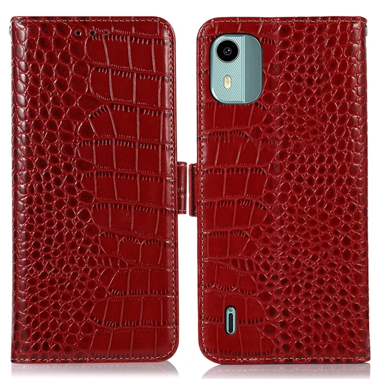 For Nokia C12 4G / C12 Plus / C12 Pro Genuine Cowhide Leather Phone Case Crocodile Texture RFID Blocking Wallet Stand Cover - Red