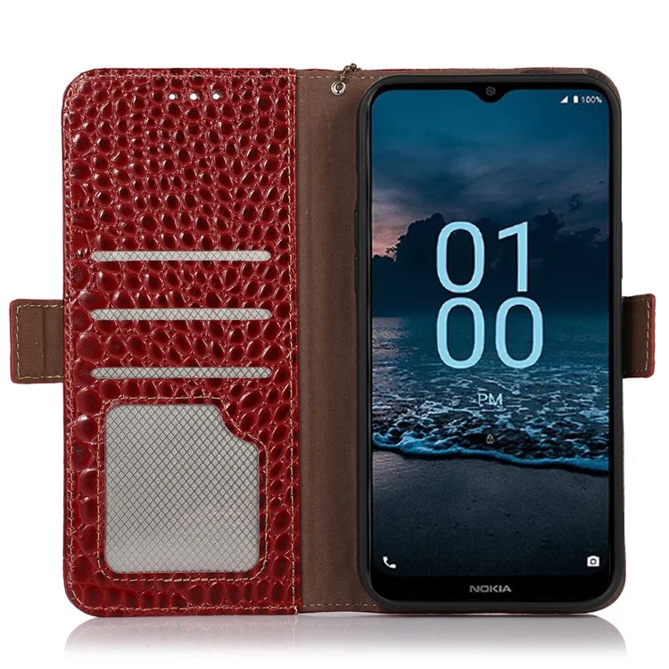 For Nokia C12 4G / C12 Plus / C12 Pro Genuine Cowhide Leather Phone Case Crocodile Texture RFID Blocking Wallet Stand Cover - Red