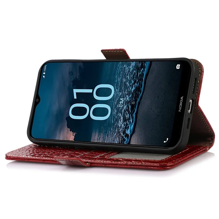 For Nokia C12 4G / C12 Plus / C12 Pro Genuine Cowhide Leather Phone Case Crocodile Texture RFID Blocking Wallet Stand Cover - Red