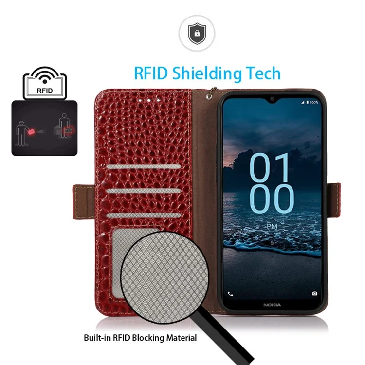 For Nokia C12 4G / C12 Plus / C12 Pro Genuine Cowhide Leather Phone Case Crocodile Texture RFID Blocking Wallet Stand Cover - Red
