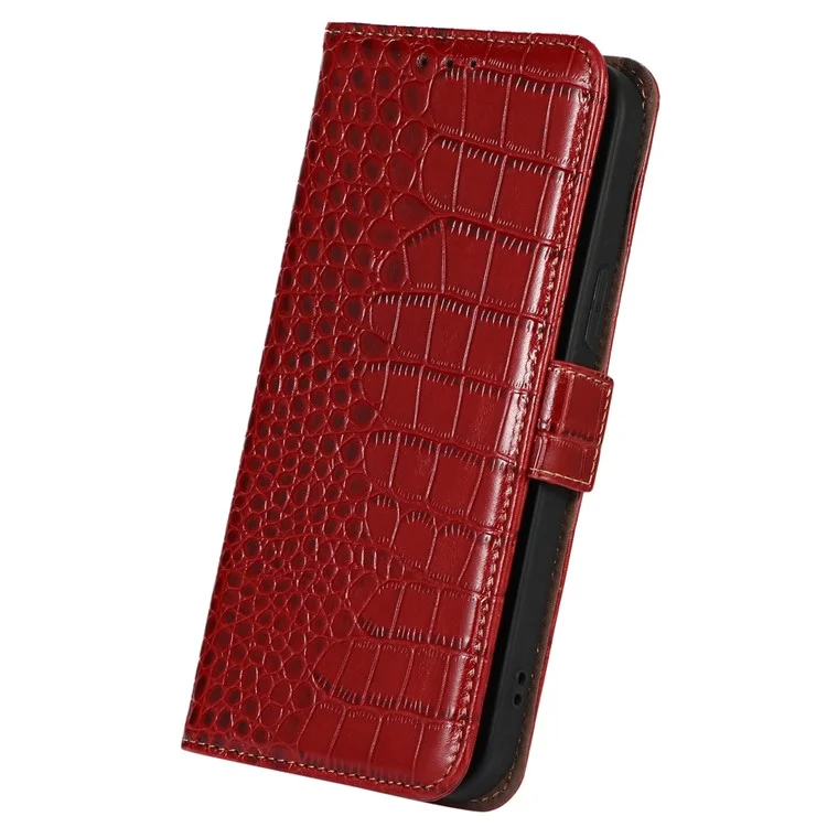 For Nokia C12 4G / C12 Plus / C12 Pro Genuine Cowhide Leather Phone Case Crocodile Texture RFID Blocking Wallet Stand Cover - Red