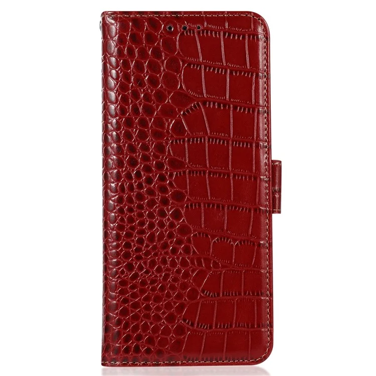 For Nokia C12 4G / C12 Plus / C12 Pro Genuine Cowhide Leather Phone Case Crocodile Texture RFID Blocking Wallet Stand Cover - Red