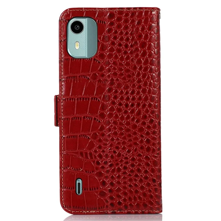 For Nokia C12 4G / C12 Plus / C12 Pro Genuine Cowhide Leather Phone Case Crocodile Texture RFID Blocking Wallet Stand Cover - Red
