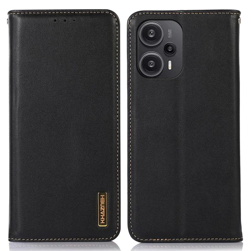 KHAZNEH Phone Cover for Xiaomi Redmi Note 12 Turbo / Poco F5 5G RFID Blocking Genuine Cowhide Leather Stand Wallet Case - Black