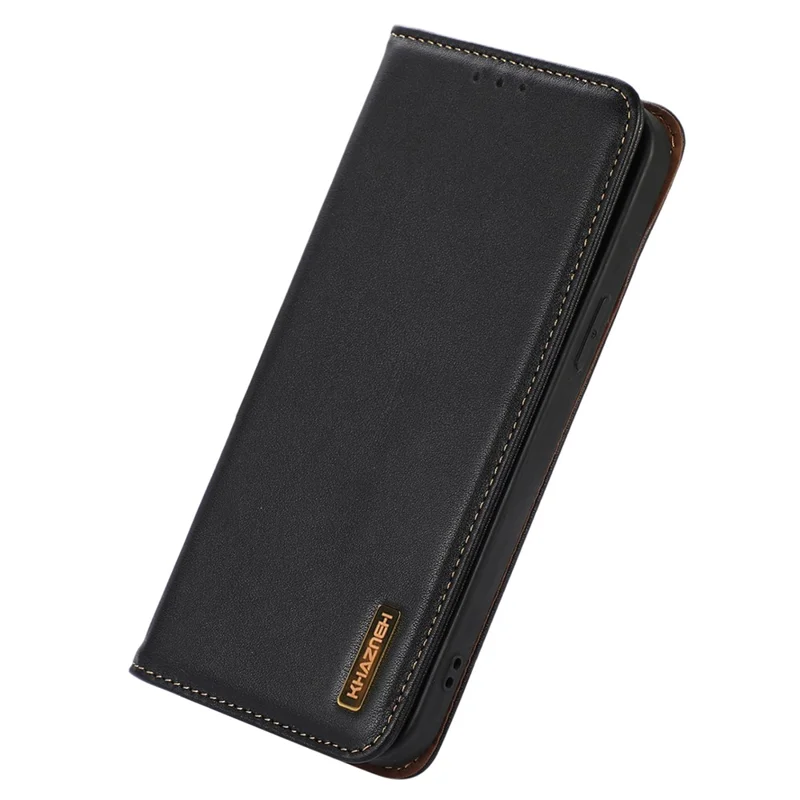 KHAZNEH Phone Cover for Xiaomi Redmi Note 12 Turbo / Poco F5 5G RFID Blocking Genuine Cowhide Leather Stand Wallet Case - Black