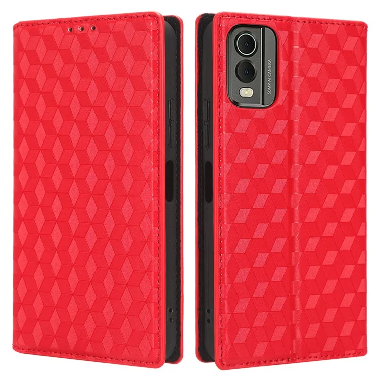 Custodia in pelle PU per Nokia C32 Rhombus Imprint Flip Stand Wallet Phone Cover - Rosso